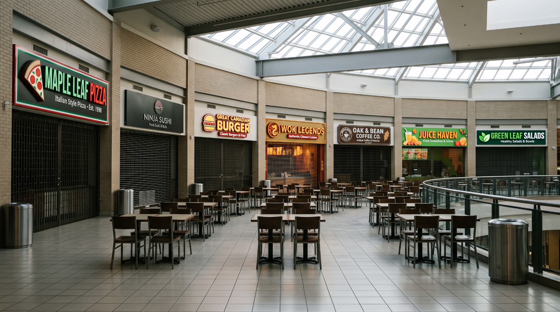 Shopping mall food court with branded storefront signage, spotless and reset before opening hours.