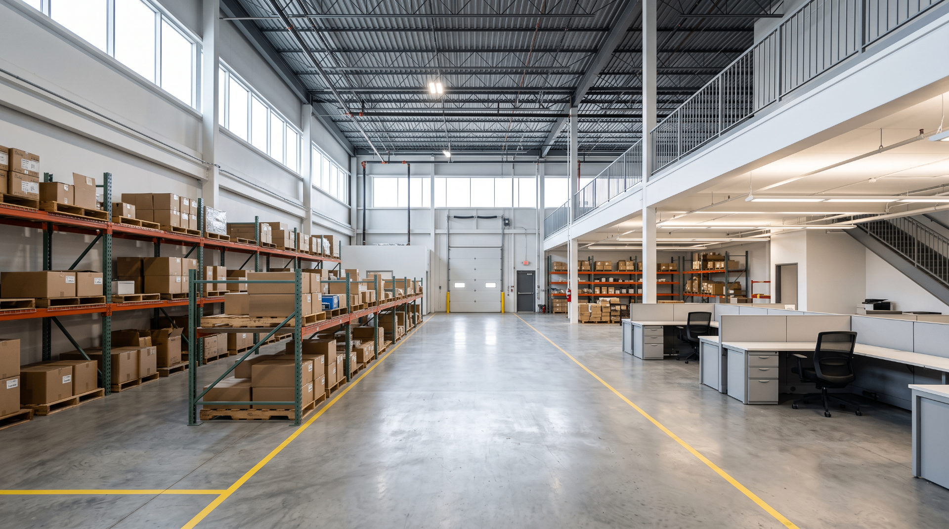 Warehouse and distribution facility interior with pallet racking, loading dock, and office workspace.