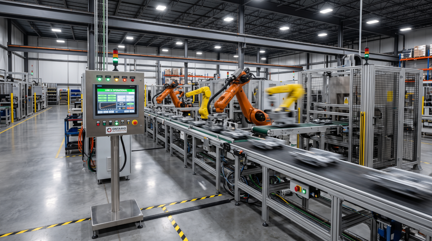 Manufacturing plant floor with automated production line in motion and illuminated control panel.