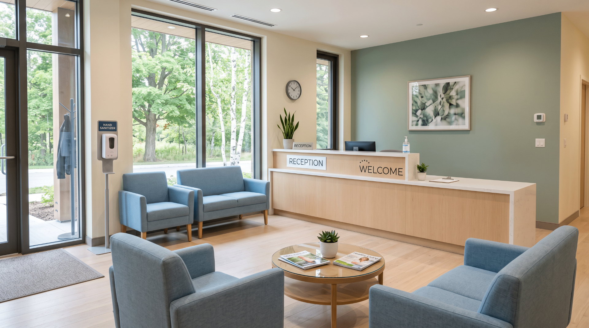 Calm, spotless medical or care facility reception and waiting area with natural light.