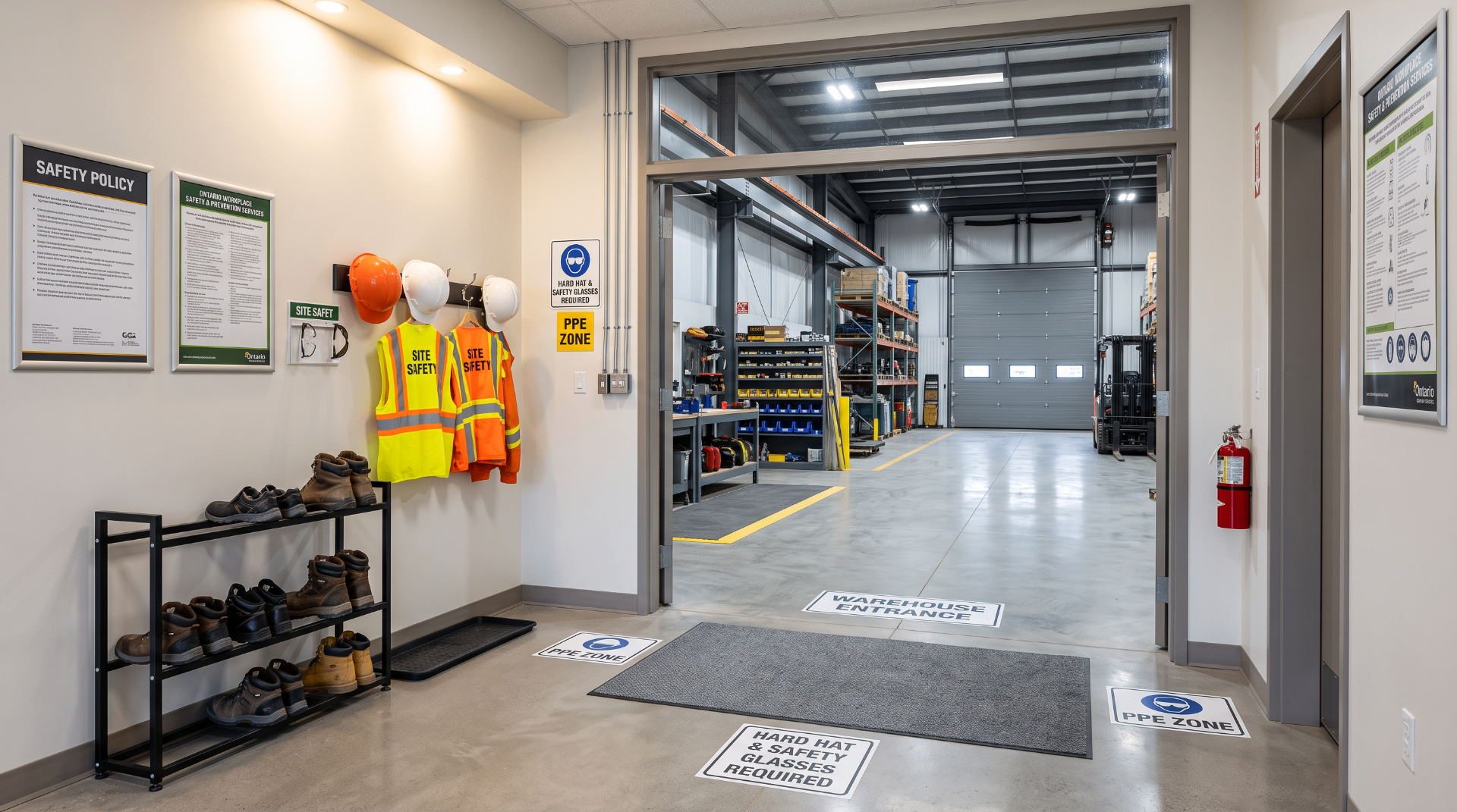 Clean entryway with safety gear and PPE storage, opening into an organized warehouse and shop area beyond.